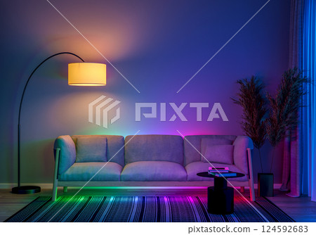 a modern living room with ambient LED lighting and comfortable furniture. 3D render 124592683
