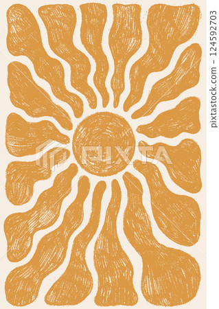 Abstract retro summer sun poster Groovy sun with wavy rays and crayon style texture. Abstract retro summer sun poster Groovy sun with wavy rays and crayon style texture. 124592703