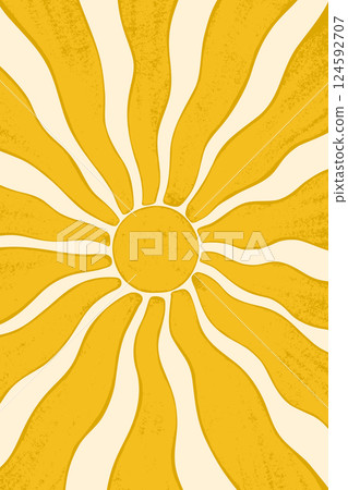 Abstract retro summer sun poster. Groovy sun with wavy rays and crayon style texture. Abstract retro summer sun poster. Groovy sun with wavy rays and crayon style texture. 124592707