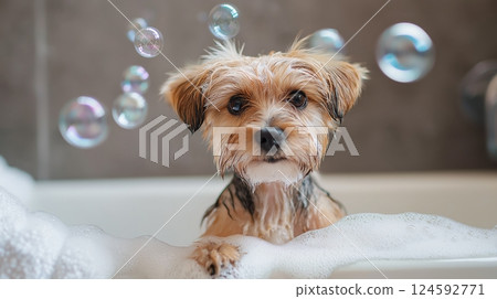 Yorkshire Terrier enjoys bath time surrounded by bubbles Yorkshire Terrier enjoys bath time surrounded by bubbles 124592771