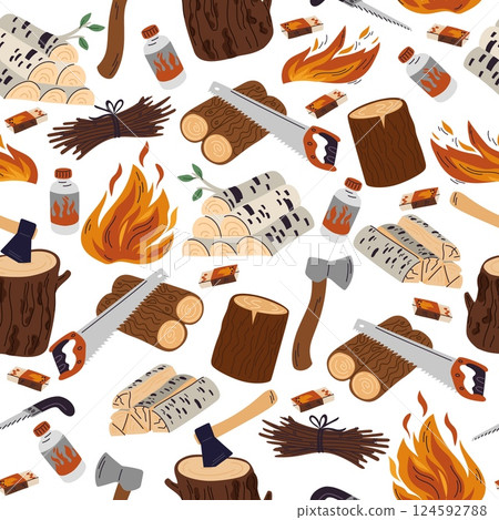 Cooking fire seamless pattern. Firewood and logs. Axe for wood chopping. Wooden branches sawing. Brushwood for burning. Matches and flammable liquid. Repeated print. Vector background Cooking fire seamless pattern. Firewood and logs. Axe for wood chopping. Wooden branches sawing. Brushwood for burning. Matches and flammable liquid. Repeated print. Vector background 124592788