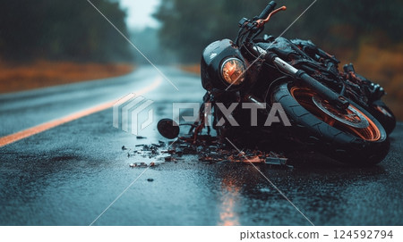 Motorcycle accident on a rainy road during late evening hours Motorcycle accident on a rainy road during late evening hours 124592794