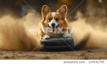 Corgi enjoys playful ride on robotic vacuum in sandy yard Corgi enjoys playful ride on robotic vacuum in sandy yard 124592795