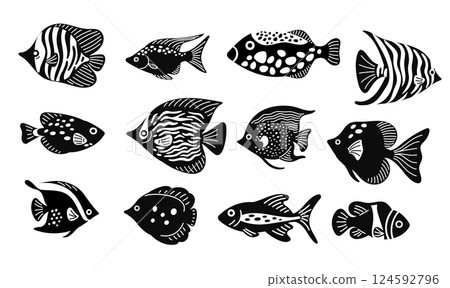 Coral sea fish silhouettes. Exotic water animals. Underwater creatures. Aquarium inhabitants. Goldfish swimming. Caribbean undersea pet. Tropical ocean wildlife. Vector black icons set Coral sea fish silhouettes. Exotic water animals. Underwater creatures. Aquarium inhabitants. Goldfish swimming. Caribbean undersea pet. Tropical ocean wildlife. Vector black icons set 124592796