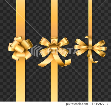 Different thicknesses gold satin ribbons with bows. Decorative laces. Transparent background. Festive gift box tying. 3D silk bands. Birthday party present. Golden bowknots vector set Different thicknesses gold satin ribbons with bows. Decorative laces. Transparent background. Festive gift box tying. 3D silk bands. Birthday party present. Golden bowknots vector set 124592797