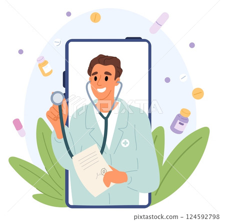 Doctor online consultation. Medical assistance by phone. Appointment with physician. Smartphone screen. Health checkup. Therapist counseling service. Patient treatment. Vector concept Doctor online consultation. Medical assistance by phone. Appointment with physician. Smartphone screen. Health checkup. Therapist counseling service. Patient treatment. Vector concept 124592798