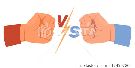 Human to human conflict. Struggle two people. Confrontation and rivalry. Hands hit. VS challenge. Boxing competition. Arms punch. Businessmen fight of strength. Fists clash. Vector concept Human to human conflict. Struggle two people. Confrontation and rivalry. Hands hit. VS challenge. Boxing competition. Arms punch. Businessmen fight of strength. Fists clash. Vector concept 124592803