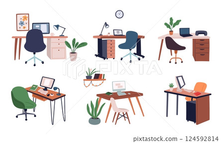 Office desks with computers and professional supplies. Business workplace. Corporate interior. Coworking furniture. Armchair and houseplant. Laptop on desktop. Vector workspace tables set Office desks with computers and professional supplies. Business workplace. Corporate interior. Coworking furniture. Armchair and houseplant. Laptop on desktop. Vector workspace tables set 124592814