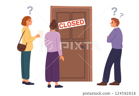 People stand around closed door in bewilderment. Confused persons. Men and women with questions. Thoughtful characters waiting. Obstacle or impasse. Impossible entry. Vector concept 124592818