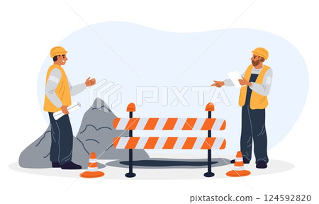 Road maintenance workers discuss construction project. Builders in uniform. Contractor and foreman talking about architecture blueprint draft. Engineers communication. Vector concept Road maintenance workers discuss construction project. Builders in uniform. Contractor and foreman talking about architecture blueprint draft. Engineers communication. Vector concept 124592820