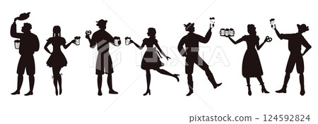 Silhouette women and men with glasses beer in national dresses. Oktoberfest celebration. Bavarian traditional festival. Waitress holding with ale bottles. Vector holiday black elements set 124592824