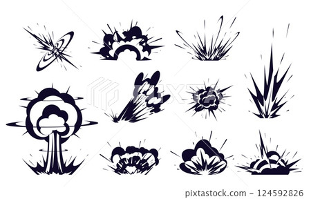Silhouettes explosions and flashes of fire. Bomb boom. Power blasts with smoke clouds and flame. Comic detonations. Weapon attack. Magic burst shots. Vector explosive graphic effects set 124592826