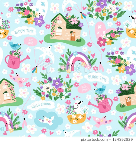 Spring landscape seamless pattern. Fairytale home. Sky rainbow. Flowers bouquet. Flying birds. Repeated print. Blooming plants. Hello springtime. Garden watering can. Vector background 124592829