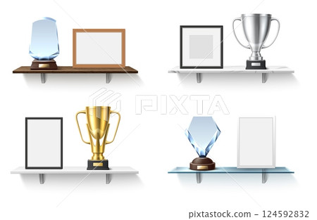 Trophy cups and clear diplomas within standing on shelf. Golden award. Silver goblet. 3D winner rewards on shelving. Victory certificate frame. Competition leader. Vector objects set Trophy cups and clear diplomas within standing on shelf. Golden award. Silver goblet. 3D winner rewards on shelving. Victory certificate frame. Competition leader. Vector objects set 124592832