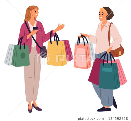 Two female friend with shopping bags. Women meeting. People carrying handbags from shops. Girls greeting. Persons communication. Happy customers talking. Store buyers. Vector concept 124592838