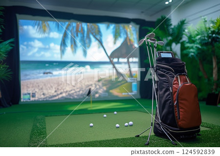 golf equipment on green golf course, indoor golf simulator 124592839