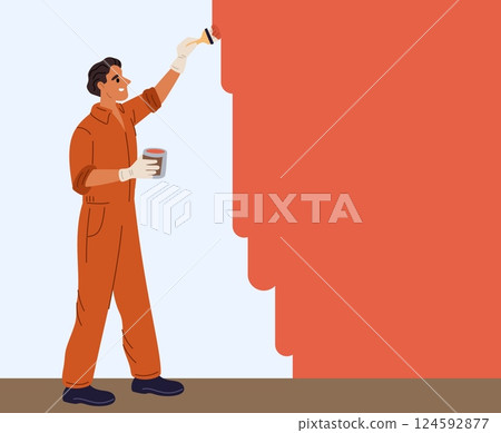 Uniformed painter paints wall. Professional decorator with paint brush. Premises renovation. Builders brigade work. Men in overalls decorating house. Apartment renovation. Vector concept Uniformed painter paints wall. Professional decorator with paint brush. Premises renovation. Builders brigade work. Men in overalls decorating house. Apartment renovation. Vector concept 124592877
