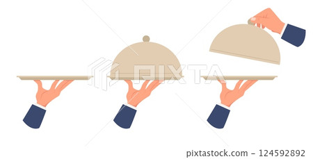 Waiter hand with tray. Open or closed lid. Catering service. Cafe staff carrying plate. Dish with cloche. Servant and butler arms. Gourmet dinner. Restaurant order platter. Vector concept Waiter hand with tray. Open or closed lid. Catering service. Cafe staff carrying plate. Dish with cloche. Servant and butler arms. Gourmet dinner. Restaurant order platter. Vector concept 124592892