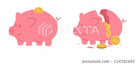 Whole full money and broken piggy bank. Finance savings. Wealth fund. Piggybank safe. Financial needy. Credit payment. Economy deposit. Investment income. Damaged moneybox. Vector concept Whole full money and broken piggy bank. Finance savings. Wealth fund. Piggybank safe. Financial needy. Credit payment. Economy deposit. Investment income. Damaged moneybox. Vector concept 124592893