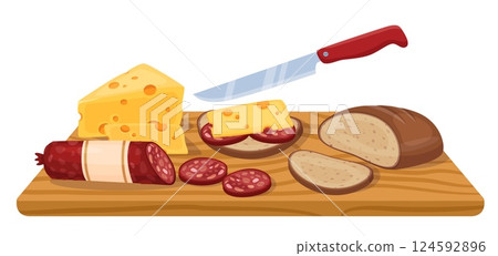 Wooden cutting board with cut products. Sandwich cooking. Slicing cheese and sausage. Bread pieces. Food preparation. Baked loaf or baguette chopping with knife. Vector culinary objects 124592896