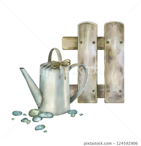 Watering can for watering flowers and garden with a bow made of twine with a fence, pebbles. Watercolor composition. All objects are hand-painted with watercolors. Suitable for printing on postcards. Watering can for watering flowers and garden with a bow made of twine with a fence, pebbles. Watercolor composition. All objects are hand-painted with watercolors. Suitable for printing on postcards. 124592906