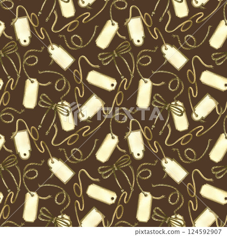 Labels, paper tags, ropes and bows made of twine in a watercolor pattern. All objects are hand-painted with watercolors. Suitable for printing on fabric, paper, for stationery and scrapbooking. 124592907