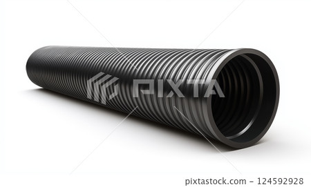 Black corrugated drainage pipe section designed for efficient water management 124592928