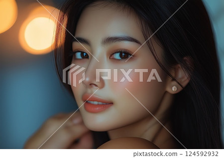 Beautiful young asian woman face close up portrait. Skincare concept Beautiful young asian woman face close up portrait. Skincare concept 124592932