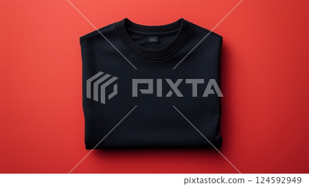 Black sweatshirt showcased on a vibrant red background for style lovers Black sweatshirt showcased on a vibrant red background for style lovers 124592949