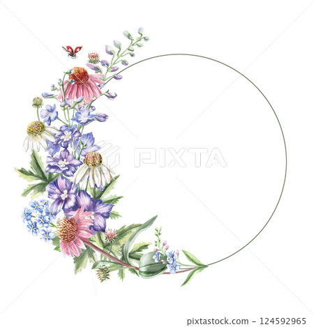 Round frame with bouquet of delphinium, echinacea and forget-me-nots. Isolated watercolor illustration of garden flowers for design of cosmetic products, printing on posters, clothes Round frame with bouquet of delphinium, echinacea and forget-me-nots. Isolated watercolor illustration of garden flowers for design of cosmetic products, printing on posters, clothes 124592965