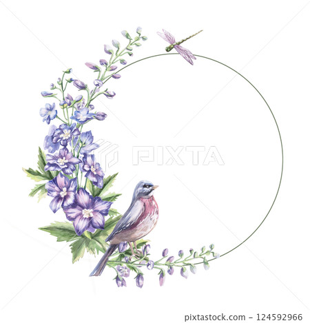 Round frame with delphinium flowers, bird and dragonflies. Isolated watercolor illustration of garden flowers for design of cosmetic products, printing on posters, clothes. 124592966