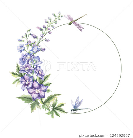 Round frame with delphinium flowers and dragonflies. Isolated watercolor illustration of garden flowers for cosmetic product design, poster printing, clothing. 124592967