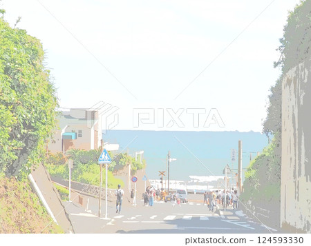 鎌倉高中站前的路景。插圖風格的照片。 鎌倉高中站前的路景。插圖風格的照片。 124593330