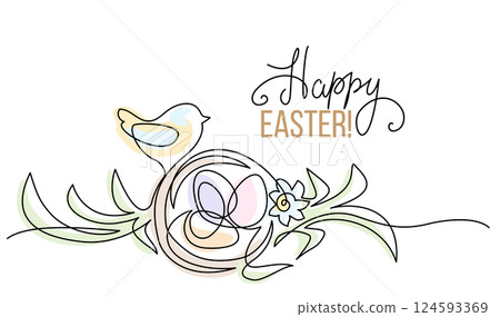 Happy Easter spring card. Nest with Easter eggs and bird. Happy Easter spring card. Nest with Easter eggs and bird. 124593369