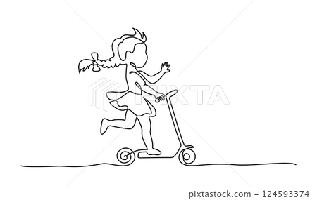 Little girl riding kick-scooter. Continuous one line drawing. Isolated on the white 124593374