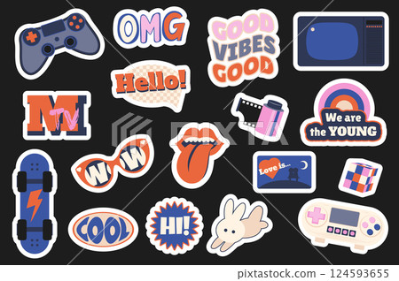 Y2K retro stickers set in flat design. Collection labels with game console, joystick, good vibes, television, photo film, mouth tongue, love, bunny, skateboard, glasses, other. Vector illustration. Y2K retro stickers set in flat design. Collection labels with game console, joystick, good vibes, television, photo film, mouth tongue, love, bunny, skateboard, glasses, other. Vector illustration. 124593655