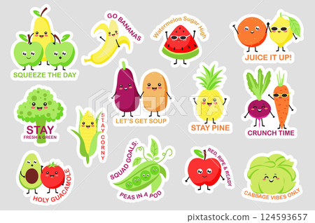 Vegetable and fruits stickers set in flat design. Collection labels with text and apple, pear, banana, watermelon, lemon, orange, broccoli, potato, eggplant, pineapple, other. Vector illustration. 124593657
