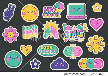 Retro Y2K stickers set in flat design. Collection labels with peace hand, emoji, laptop, hearts, flowers, error, omg, sun, good vibes, cloud, smile, other colourful vintage signs. Vector illustration. Retro Y2K stickers set in flat design. Collection labels with peace hand, emoji, laptop, hearts, flowers, error, omg, sun, good vibes, cloud, smile, other colourful vintage signs. Vector illustration. 124593662