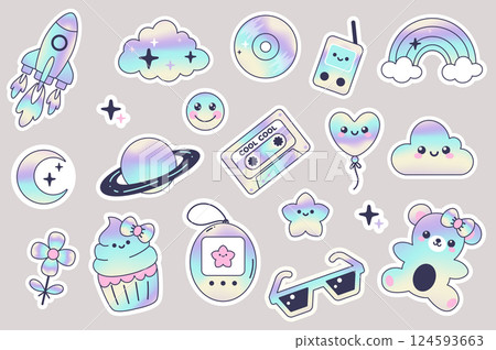 Retro Y2K hologram stickers set in flat design. Collection labels with rocket, cloud, music disk, player, rainbow, moon, planet, cassette, balloon, emoji, flower, cupcake, other. Vector illustration. Retro Y2K hologram stickers set in flat design. Collection labels with rocket, cloud, music disk, player, rainbow, moon, planet, cassette, balloon, emoji, flower, cupcake, other. Vector illustration. 124593663