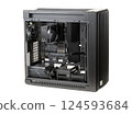 Side view  big tower, PC case, chassis,  inside motherboard, CPU, fan, SSD, memory, power supply unit with cables isolated on white 124593684