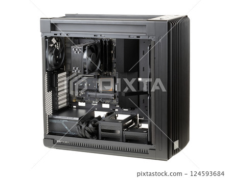 Side view big tower, PC case, chassis, inside motherboard, CPU, fan, SSD, memory, power supply unit with cables isolated on white Side view big tower, PC case, chassis, inside motherboard, CPU, fan, SSD, memory, power supply unit with cables isolated on white 124593684