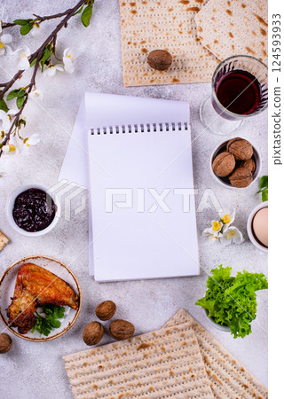 Traditional Passover Seder plate with symbolic foods. Symbolic of Jewish holiday Pesah. Traditional Passover Seder plate with symbolic foods. Symbolic of Jewish holiday Pesah. 124593933