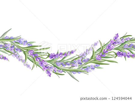 Lavender flowers. Hand drawn floral seamless border illustration Lavender flowers. Hand drawn floral seamless border illustration 124594044