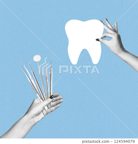 Woman hands holding dentist tools and tooth icon 124594079