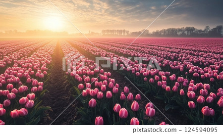 Beautiful field of pink tulips at sunrise with glowing sunlight Beautiful field of pink tulips at sunrise with glowing sunlight 124594095
