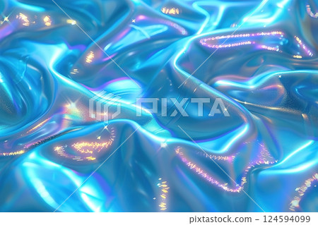 Glossy blue fabric with shimmering highlights and iridescent reflective surface 124594099