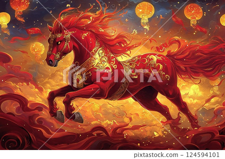 Majestic red horse in vibrant artistic lantern-lit festive background 124594101