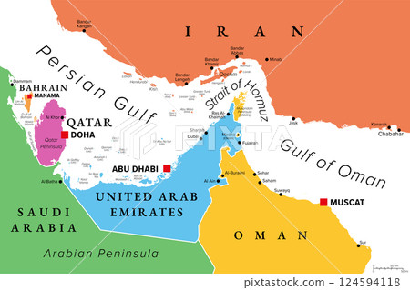 Strait of Hormuz multi colored political map. Waterway between Persian Gulf and Gulf of Oman. Strategically important choke point with Iran to the north and UAE and Oman exclave Musandam to the south. 124594118