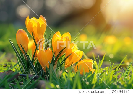 Bright yellow crocus flowers blooming in sunlight over vibrant green grass Bright yellow crocus flowers blooming in sunlight over vibrant green grass 124594135