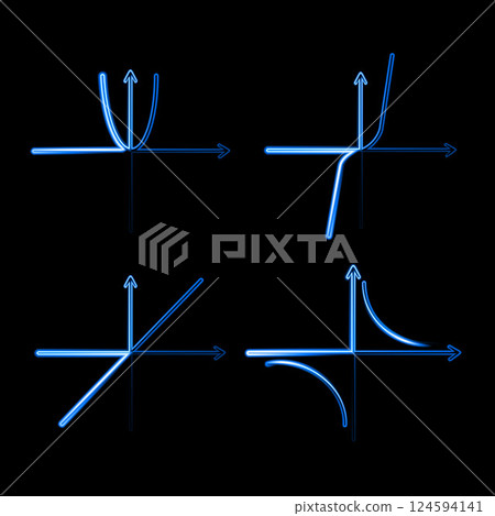 Vector isolated illustration of a set of algebraic symbols with neon effect. Hyperbola and parabola on a coordinate system. 124594141
